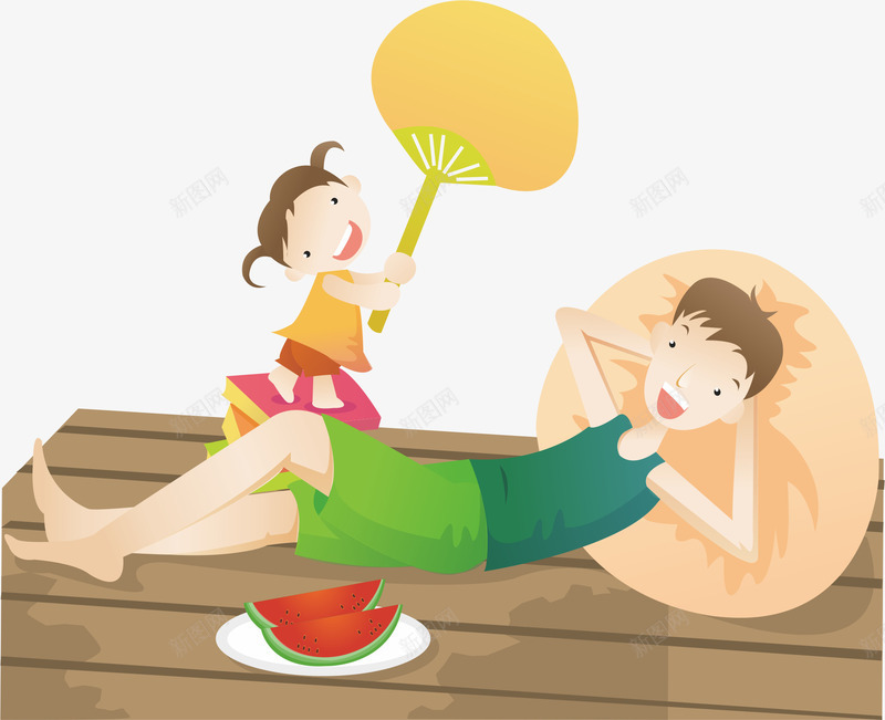 父女度假生活吃西瓜乘涼png免抠素材_新图网 https://ixintu.com 卡通插画 吃东西的人 大自然 小女孩 扇子 旅行度假 父女情 父女情深 爸爸 西瓜