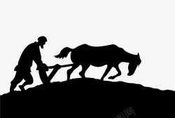 耕地插画老马牵着年老的农民耕地的黑白剪高清图片