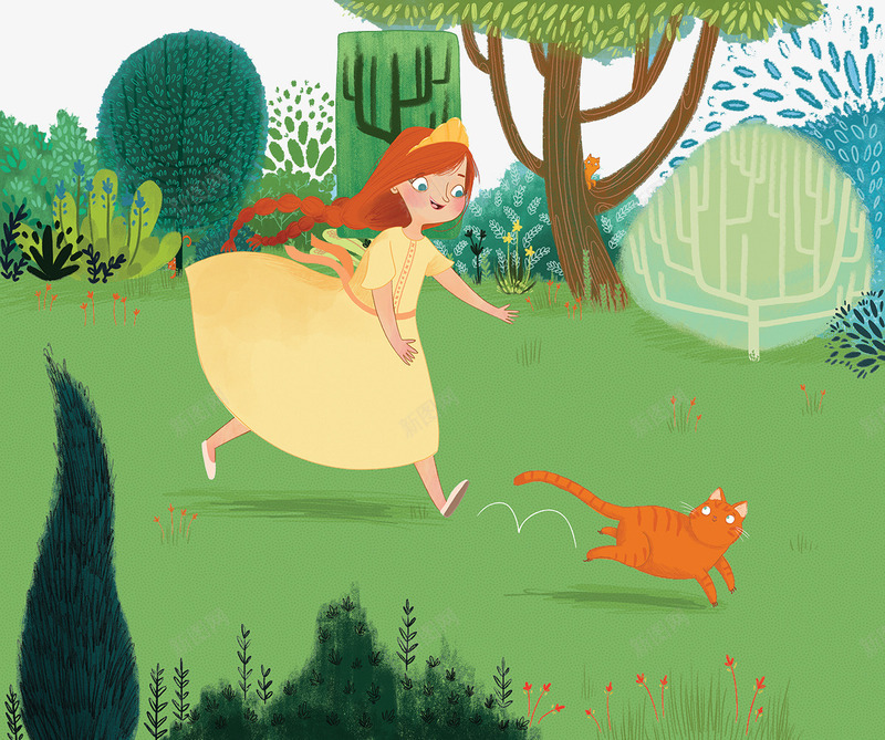 在树林追着小猫的女孩png免抠素材_新图网 https://ixintu.com 人物动物的插画 可爱的插画 有创造的插画