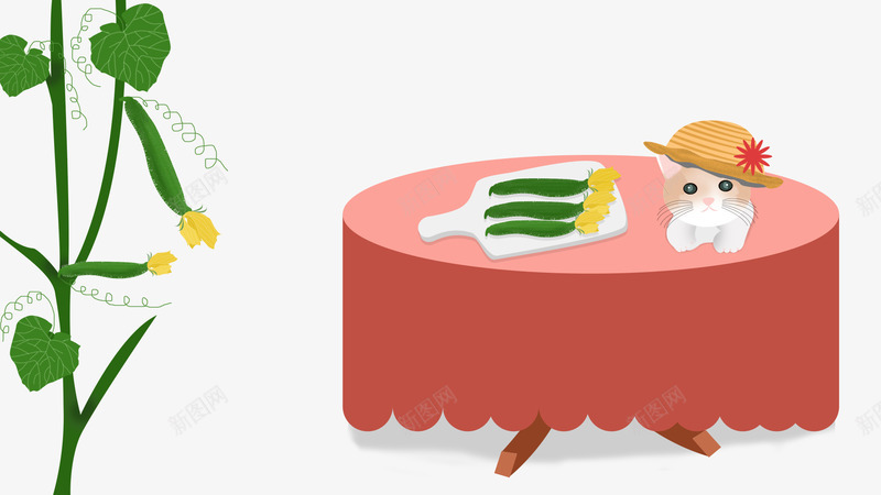 卡通手绘桌子上睡觉的猫咪psd免抠素材_新图网 https://ixintu.com 卡通 手绘 桌子上睡觉的猫咪 桌布红 粉色的桌布 绿色植物装饰 黄色的花朵