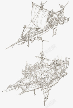 手绘船只模型线稿素材