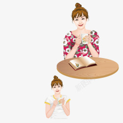 沙滩椅的美女看书在桌子上看书喝茶的美女矢量图高清图片