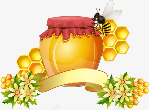 蜂蜜罐子绸带png免抠素材_新图网 https://ixintu.com 卡通 绸带 蜂蜜 蜜蜂 采蜜
