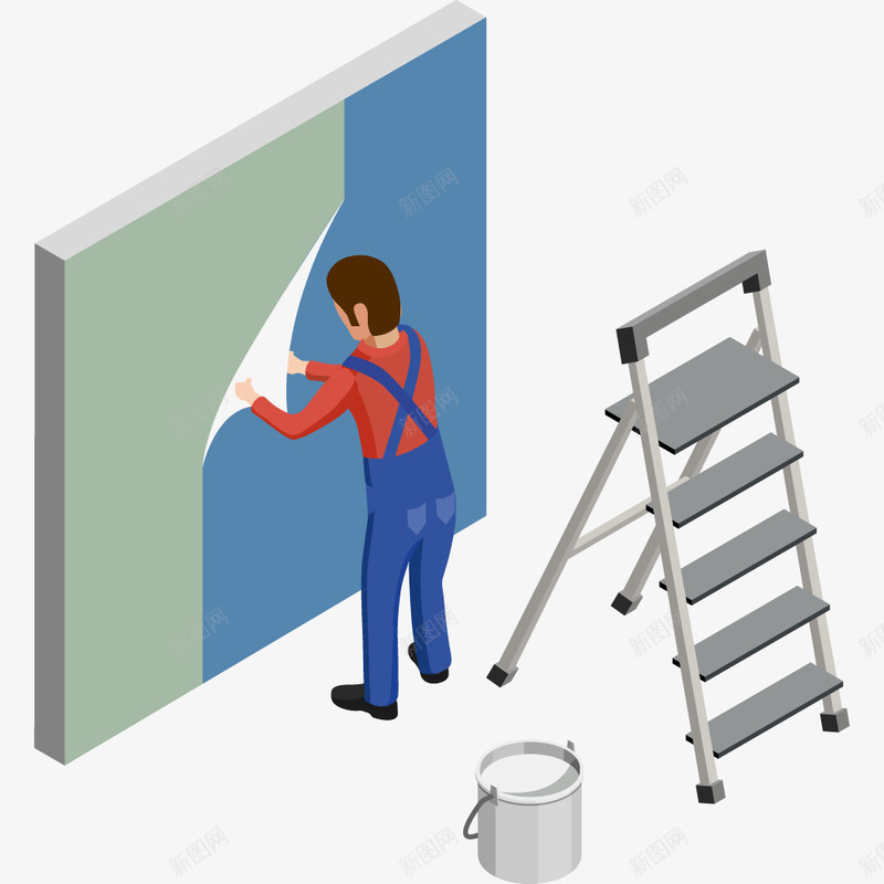 贴壁纸简图png免抠素材_新图网 https://ixintu.com 一个 人 卡通 墙壁 壁纸 手绘 梯子 橘色 蓝色