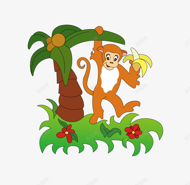 猴子爬树png免抠素材_新图网 https://ixintu.com 卡通 手绘 椰子树 猴子 猴子爬树 香蕉