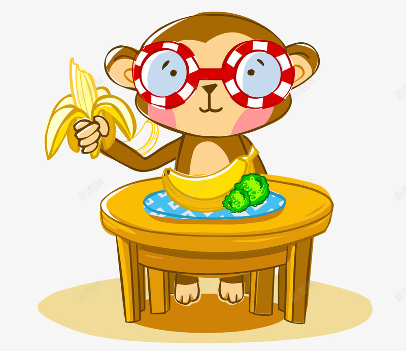 卡通手绘戴眼镜吃香蕉猴子png免抠素材_新图网 https://ixintu.com 卡通的动物 吃香蕉的猴子 戴眼镜的猴子 手绘的猴子