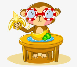 卡通手绘戴眼镜吃香蕉猴子素材