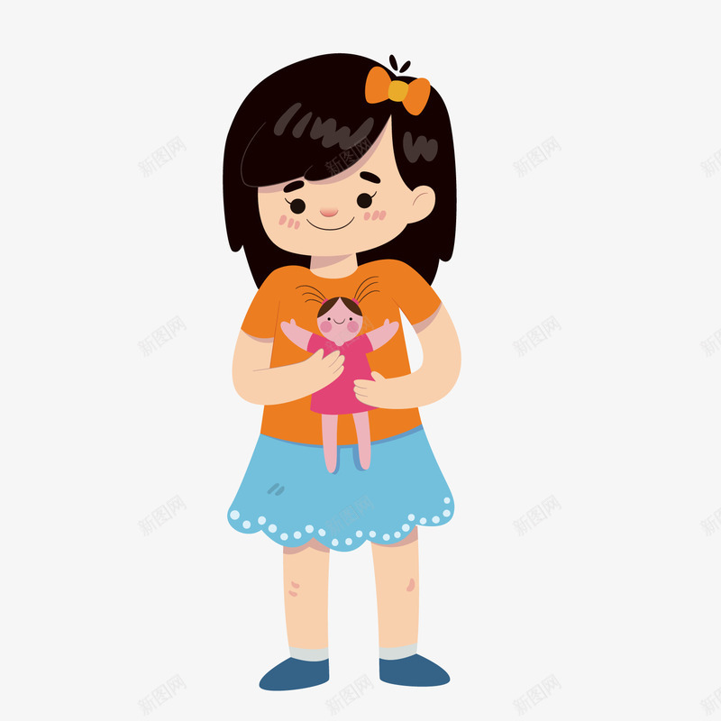 卡通抱着布娃娃女孩png免抠素材_新图网 https://ixintu.com 儿童 卡通人物 小女孩 布娃娃 背景装饰