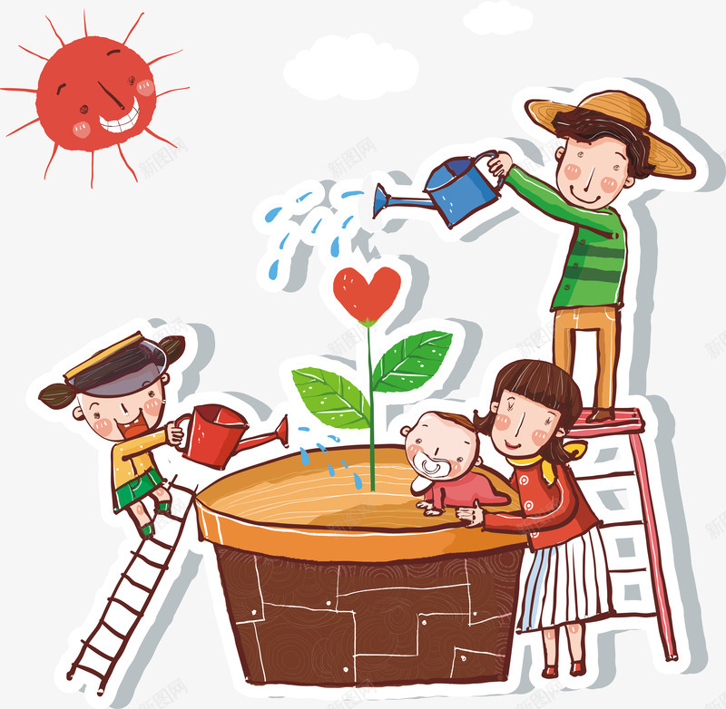 的卡通人物png免抠素材_新图网 https://ixintu.com 卡通人物 太阳 家庭 插画 浇水 花