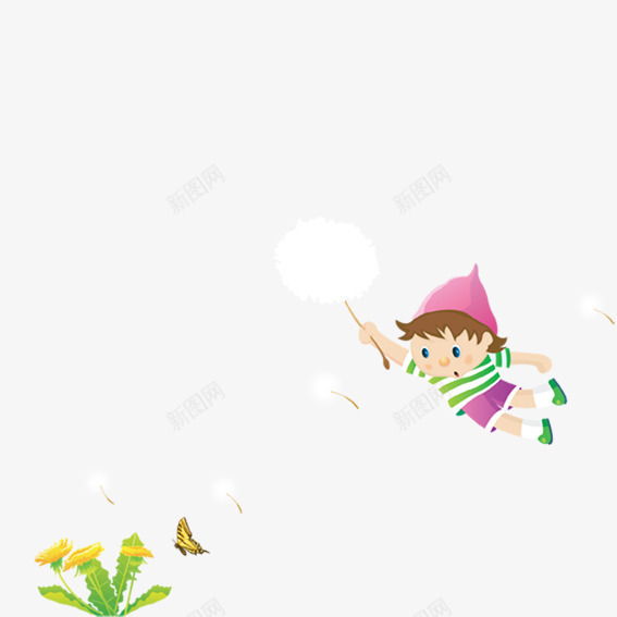 蒲公英带着娃娃飞png免抠素材_新图网 https://ixintu.com 卡通人娃娃 卡通人物 卡通植物 卡通蒲公英 白色 粉色 绿色 绿色植物