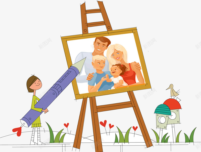 幸福一家人png免抠素材_新图网 https://ixintu.com 卡通 家庭 手绘 画画 绿草