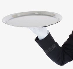 白色的手套单手托着盘子的服务员高清图片
