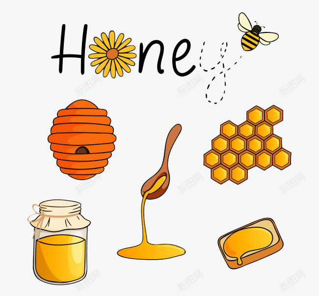 手绘蜂蜜装饰元素png免抠素材_新图网 https://ixintu.com 勺子 卡通蜂巢 花朵 蜂蜜 蜜蜂 黄色