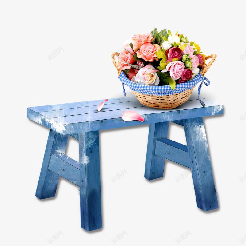 板凳上的花篮png免抠素材_新图网 https://ixintu.com 木头 板凳 花朵 花篮 蓝木 蓝色