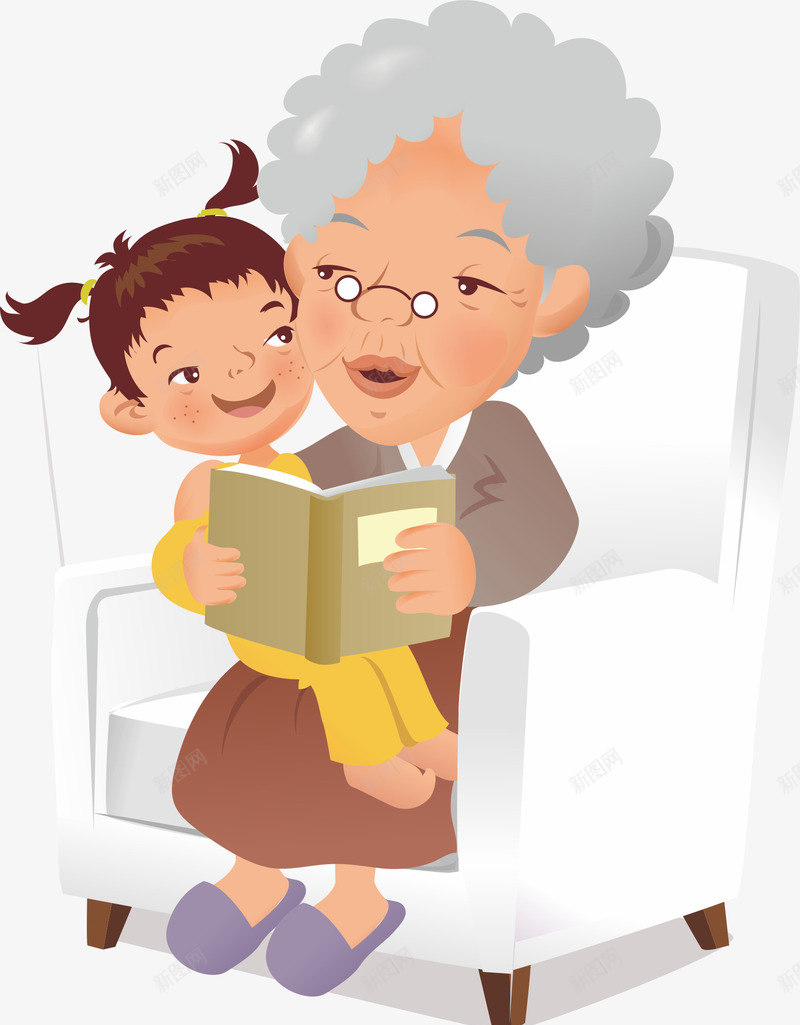 家庭读书的俩人矢量图ai免抠素材_新图网 https://ixintu.com 奶奶 孙女 沙发 读书 读书的人 矢量图