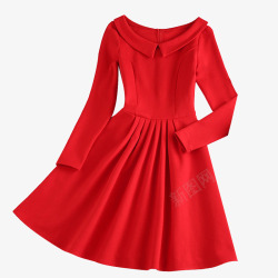 大红色红裙子娃娃领长袖修身红裙高清图片