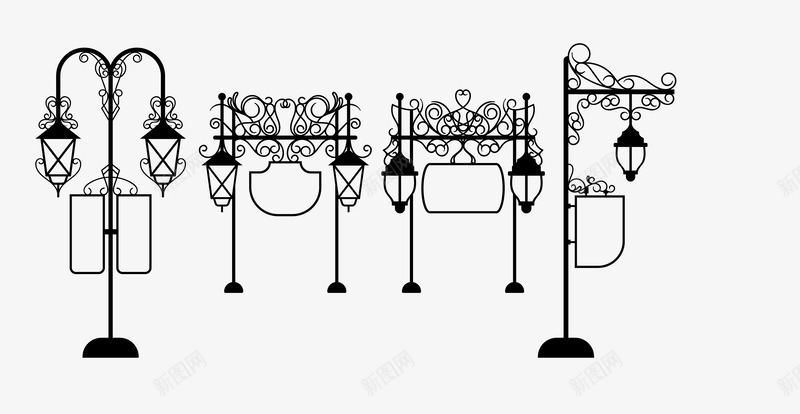 简易线条黑色镂空复古路灯矢量图eps免抠素材_新图网 https://ixintu.com 复古路灯四组 矢量路灯 简易线条 黑色镂空 矢量图