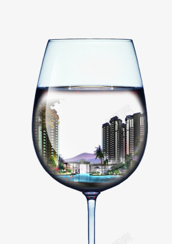 水边城市酒杯里的水边城市高清图片