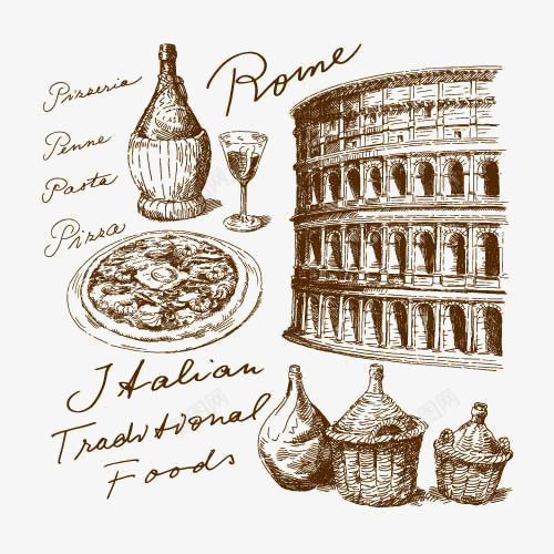 素描建筑和美食png免抠素材_新图网 https://ixintu.com 古罗马斗兽场 披萨 酒杯