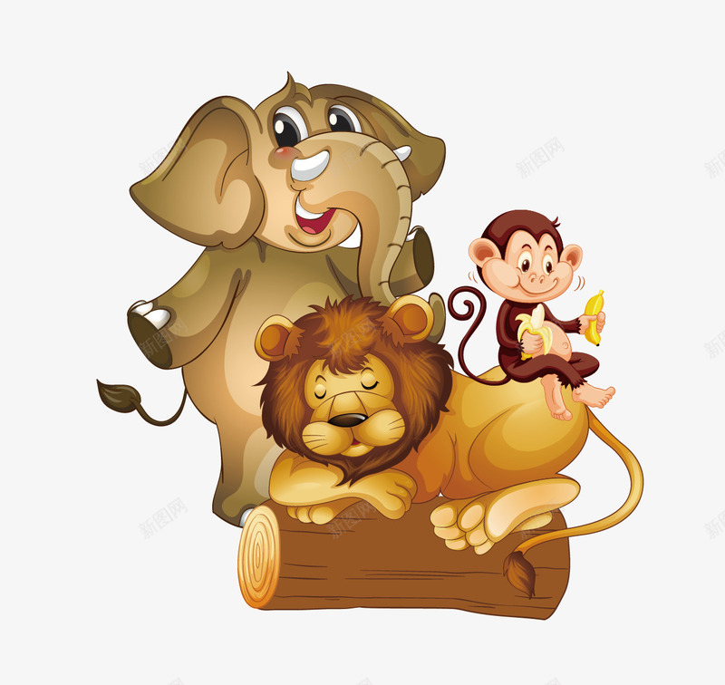 卡通狮子大象猴子png免抠素材_新图网 https://ixintu.com 大象 木头 狮子 猴子 香蕉