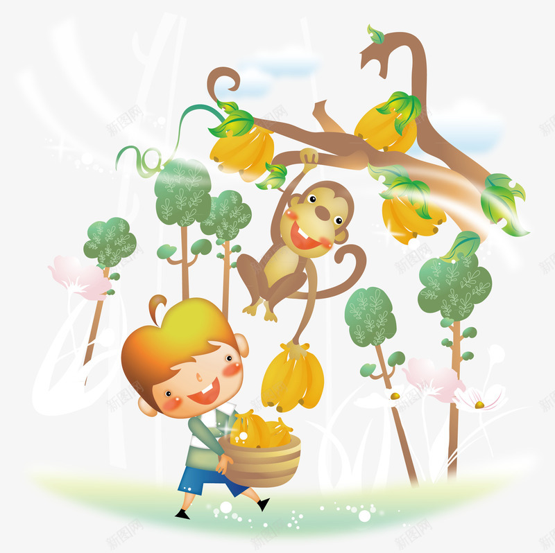 小猴子摘香蕉png免抠素材_新图网 https://ixintu.com 丰收 卡通 小猴子 摘香蕉