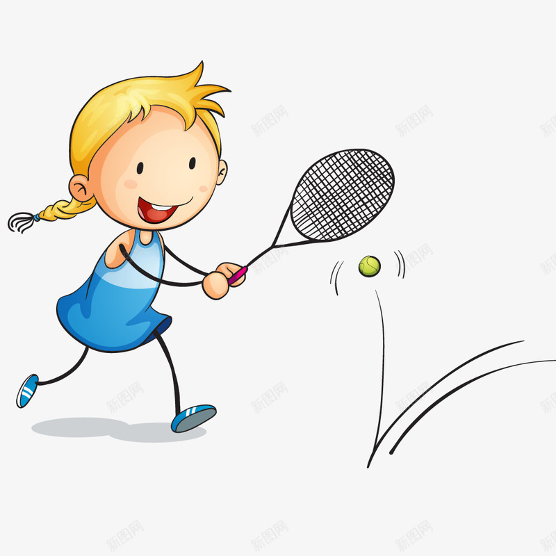 手绘卡通小女孩打网球png免抠素材_新图网 https://ixintu.com 体育 体育运动 卡通奥运会项目 卡通小女孩 小女孩打网球 网球比赛 运动