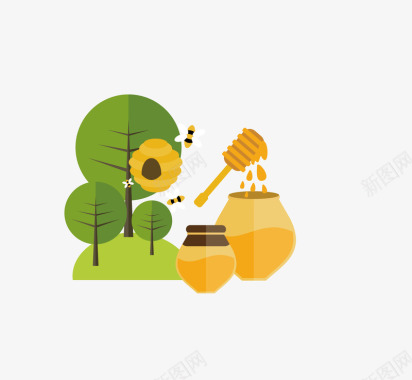 卡通手绘蜂蜜与树木图标图标