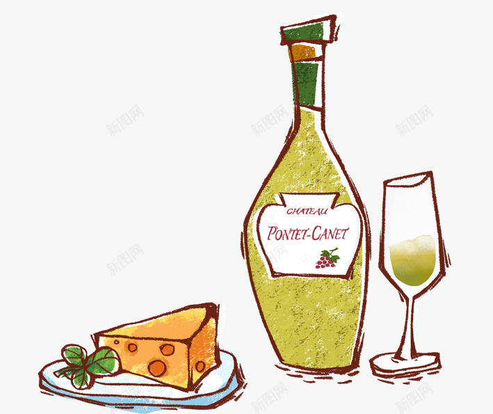 香槟和食物png免抠素材_新图网 https://ixintu.com 创意卡通 卡通 卡通酒杯 卡通酒瓶 卡通食物 卡通香槟