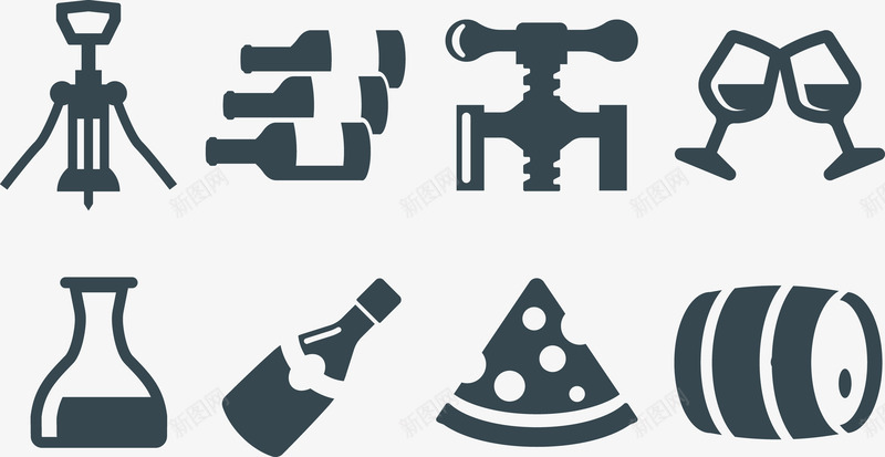 特色食物饮料矢量图eps免抠素材_新图网 https://ixintu.com 开瓶器 披萨 木桶 特色食物 瓶子 红酒 酒杯 矢量图