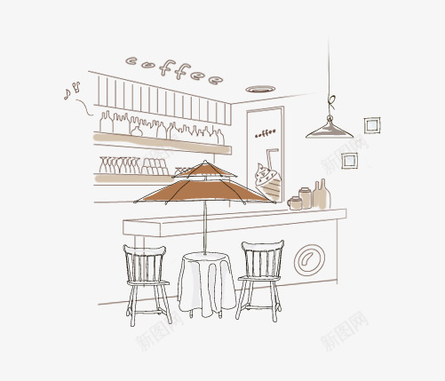 露天咖啡厅png免抠素材_新图网 https://ixintu.com 伞 咖啡小店 手绘 桌子