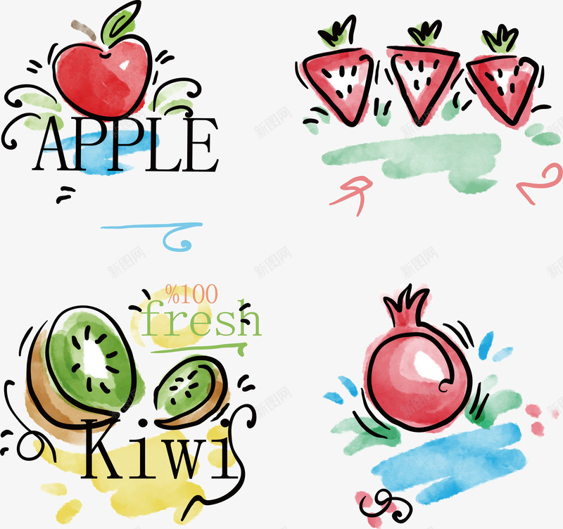 水彩水果png免抠素材_新图网 https://ixintu.com 商业 彩色 水彩水果 精美 贴纸标签