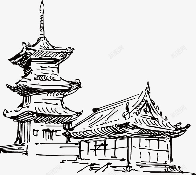 手绘古式中国建筑线稿png免抠素材_新图网 https://ixintu.com 中国 古式 建筑 手绘 线稿