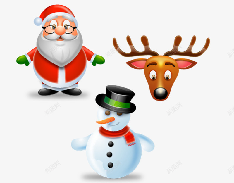 手绘圣诞节png免抠素材_新图网 https://ixintu.com 卡通 可爱 圣诞老人 雪娃娃 麋鹿头