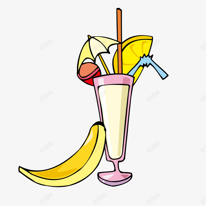 香蕉和饮料png免抠素材_新图网 https://ixintu.com 一杯 卡通 吸管 手绘 紫色 饮料 香蕉 黄色