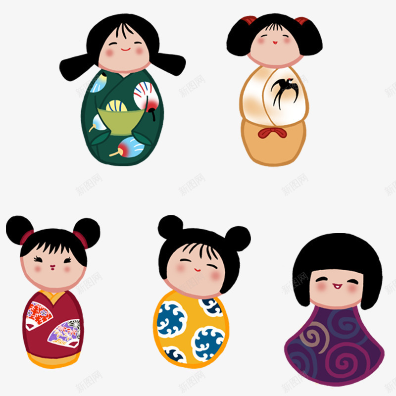 5个瓷娃娃图标png_新图网 https://ixintu.com 图标 女孩 瓷娃娃