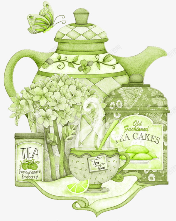 绿色茶壶茶杯png免抠素材_新图网 https://ixintu.com 剪纸剪影素材 绿色装饰图案 茶壶茶杯 贴纸贴图