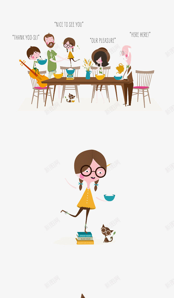 聚会家人png免抠素材_新图网 https://ixintu.com 人物 卡通 吃饭 手绘 桌子 猫咪