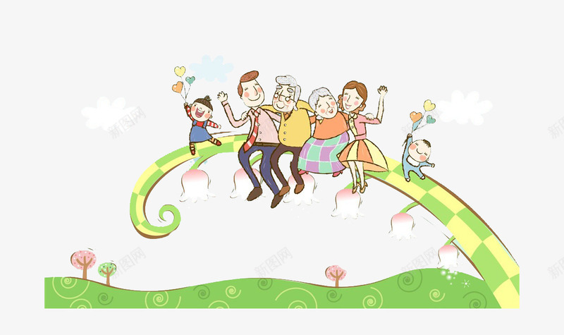 卡通一家人png免抠素材_新图网 https://ixintu.com 一家人 坐着 家庭 树枝