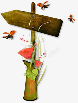 木头指示牌蜜蜂水彩花朵素材