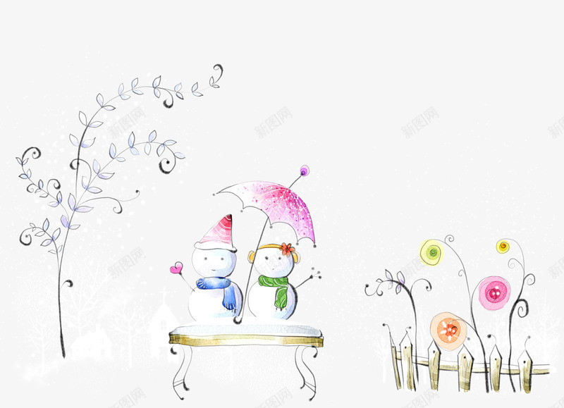 可爱冬季雪娃娃png免抠素材_新图网 https://ixintu.com 伞 冬季 护栏 插画 雪娃娃
