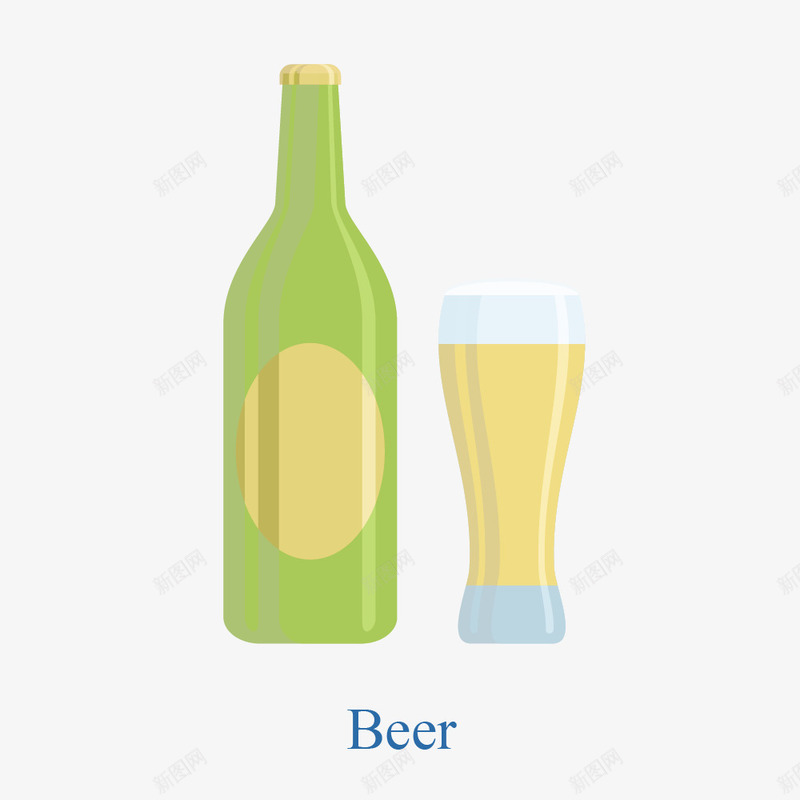 绿色啤酒瓶和洋酒杯png免抠素材_新图网 https://ixintu.com 卡通 扁平化 洋酒杯 绿色