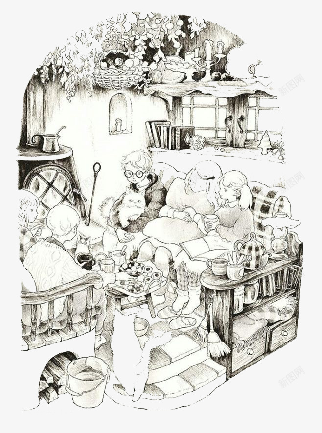 线稿家庭png免抠素材_新图网 https://ixintu.com 卡通 家庭 房间 手绘 水彩 线稿 装饰 黑白