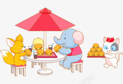 卡通太阳伞下吃汉堡大象鸭子猫素材