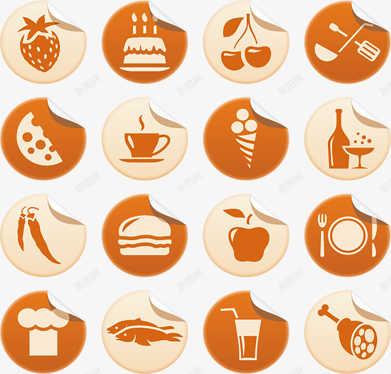 食物题材贴纸图标矢量图ai_新图网 https://ixintu.com 圆形 贴纸 食物图标 餐饮 矢量图