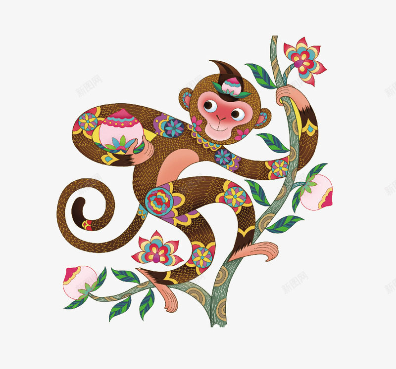 卡通猴子爬树png免抠素材_新图网 https://ixintu.com 免抠png 动物 卡通 猴子 猴子爬树 绿藤 蟠桃 香蕉