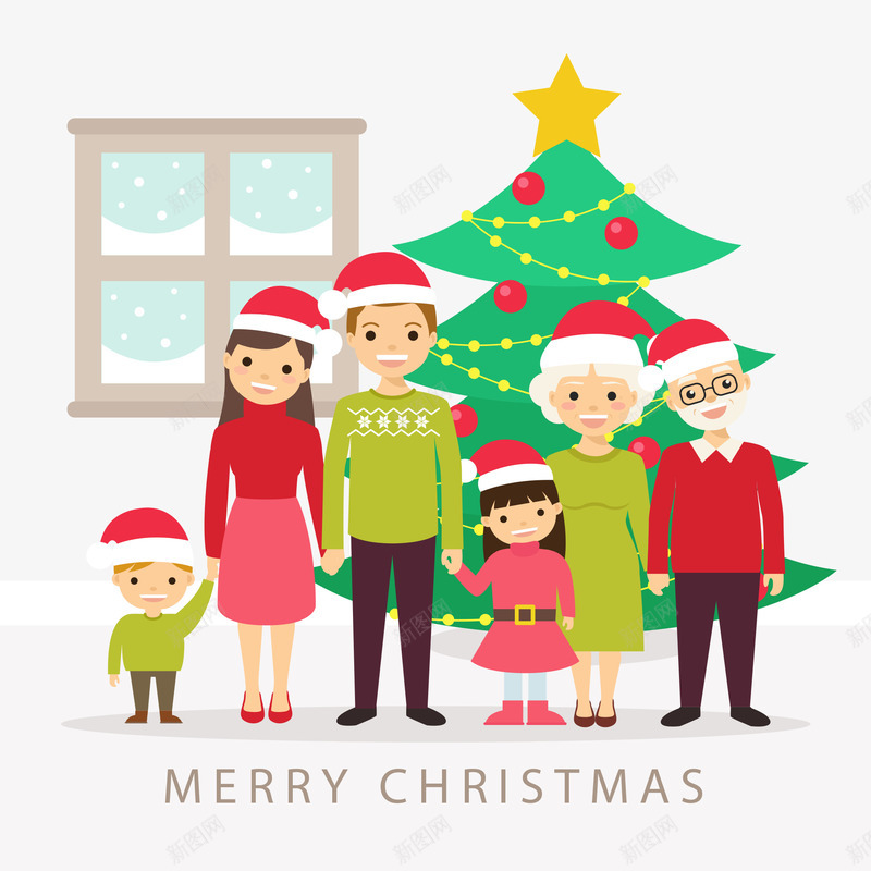 圣诞家庭插画png免抠素材_新图网 https://ixintu.com 扁平圣诞树 欢乐圣诞节