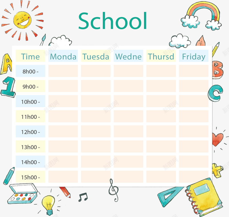 卡通文具彩色课表矢量图ai免抠素材_新图网 https://ixintu.com 卡通课表 开学季 彩色课表 文具花纹 矢量png 课表 矢量图