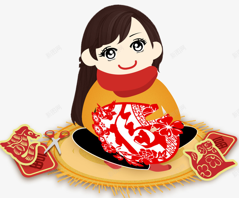 手绘新年剪纸的女孩png免抠素材_新图网 https://ixintu.com 中国风 剪纸 卡通手绘 插画 新年 新春佳节 装饰图案