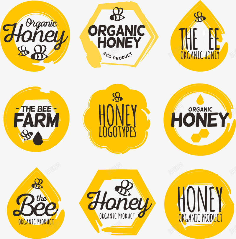 蜂蜜各类标签图标png_新图网 https://ixintu.com 图标 英文 黄色