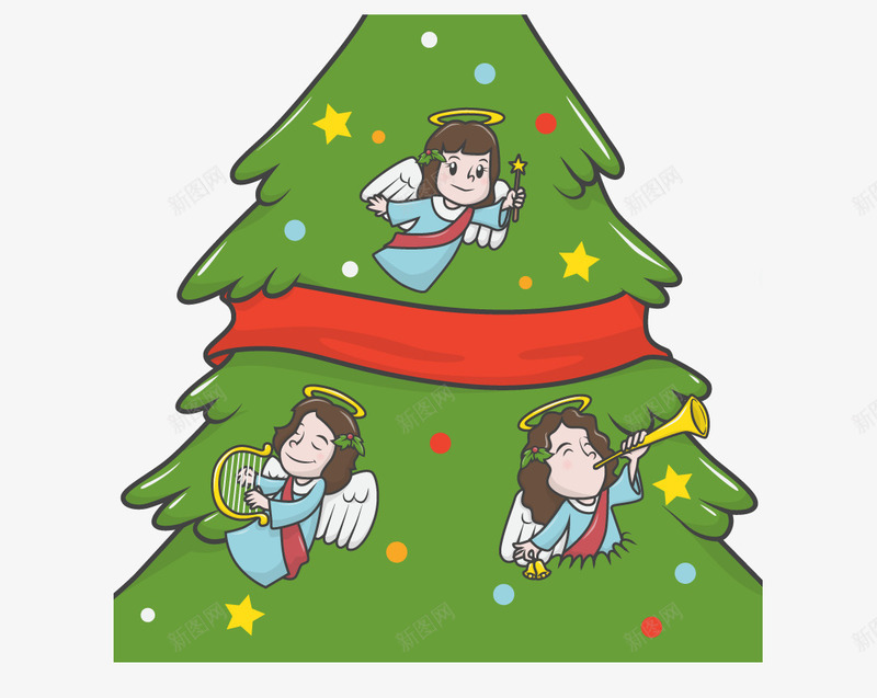 卡通圣诞树上的天使png免抠素材_新图网 https://ixintu.com 卡通 可爱 可爱天使 绿色圣诞树 装饰元素